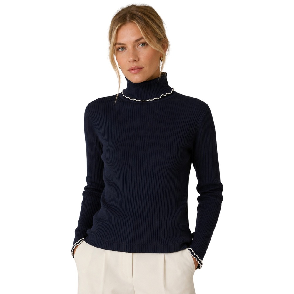 J. Crew Top Womens Small Blue Ribbed Lettuce Edge Turtleneck Lightweight Sweater